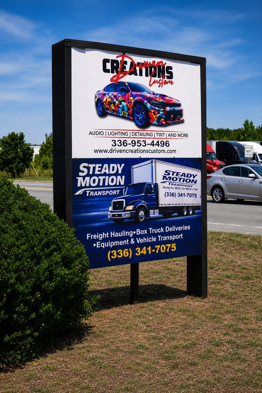 Roadside sign for Driven Creations Custom on Highway 601, the corridor that brought folks to the Jeep Jam.